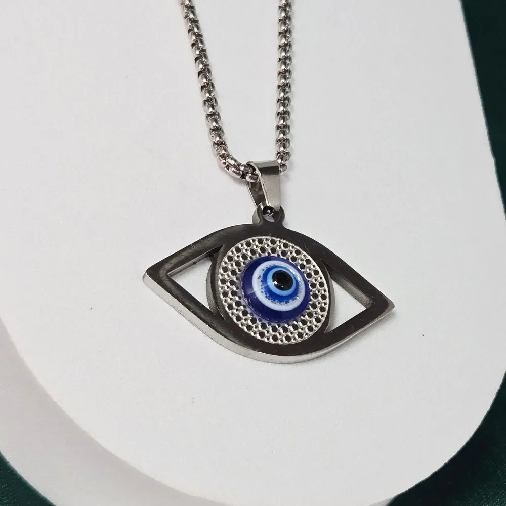 Hamsa Blue Evil Eye Pendant Necklace 24” Silver Stainless Steel Turkish Nazar